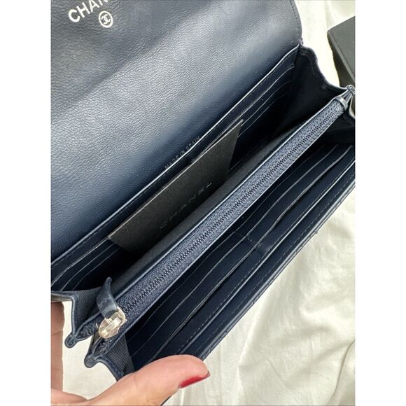 CHANEL Logo Navy Silver Toe Double Stitch Long Wallet W/box - Picture 13 of 16